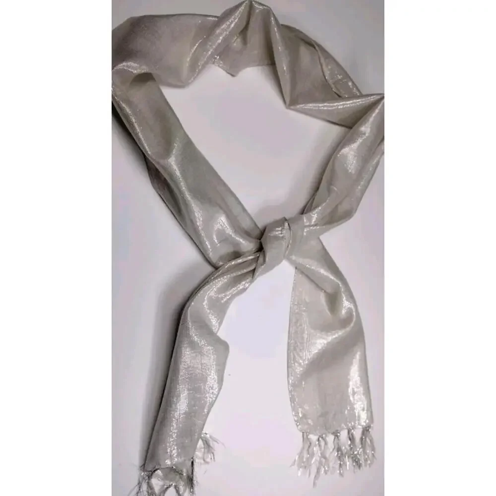 1970s Silver Metallic Long Scarf 70s GLAM UNISEX RAYON FRINGE SCARF DISCO ERA